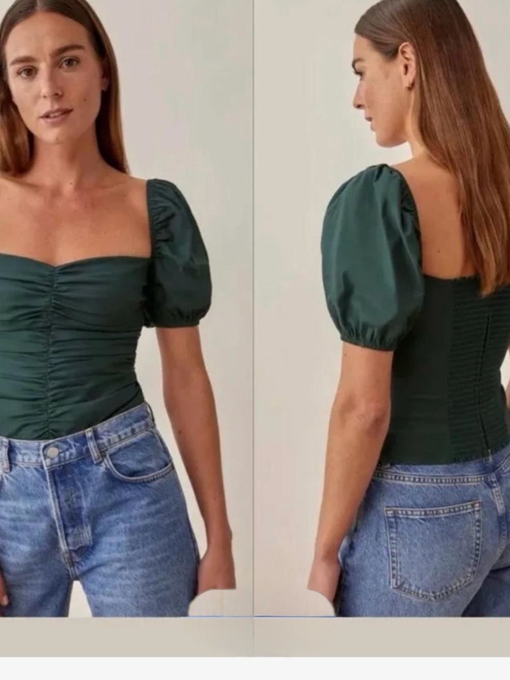 Reformation Dark Green Square-Neck Puff Sleeve Top